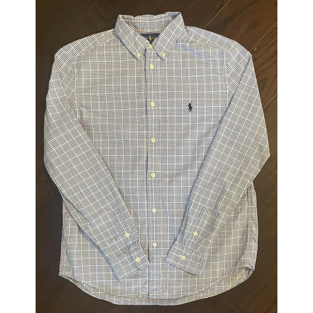 Ralph Lauren Button Down Shirt Boys XL 18-20 Blue White Check Long Sleeve Preppy